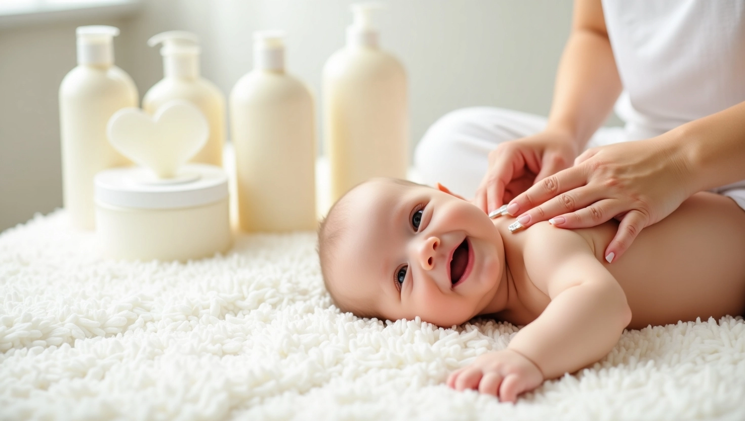 Baby receiving gentle skincare massage on white plush carpet with skincare products in background